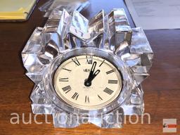 Clock - Mikasa Crystal dresser clock, Roman numerals, quartz, 4.5"wx5"h, sm. nick on 1 point