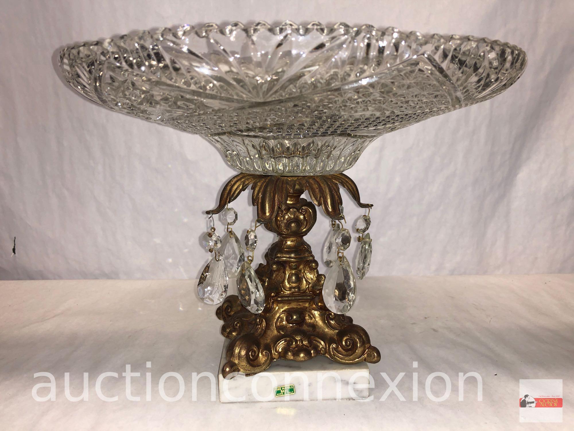 Ornate pedestal decor dish with prisms, Genuine Monarch crystal, made in West Germany on Marble base