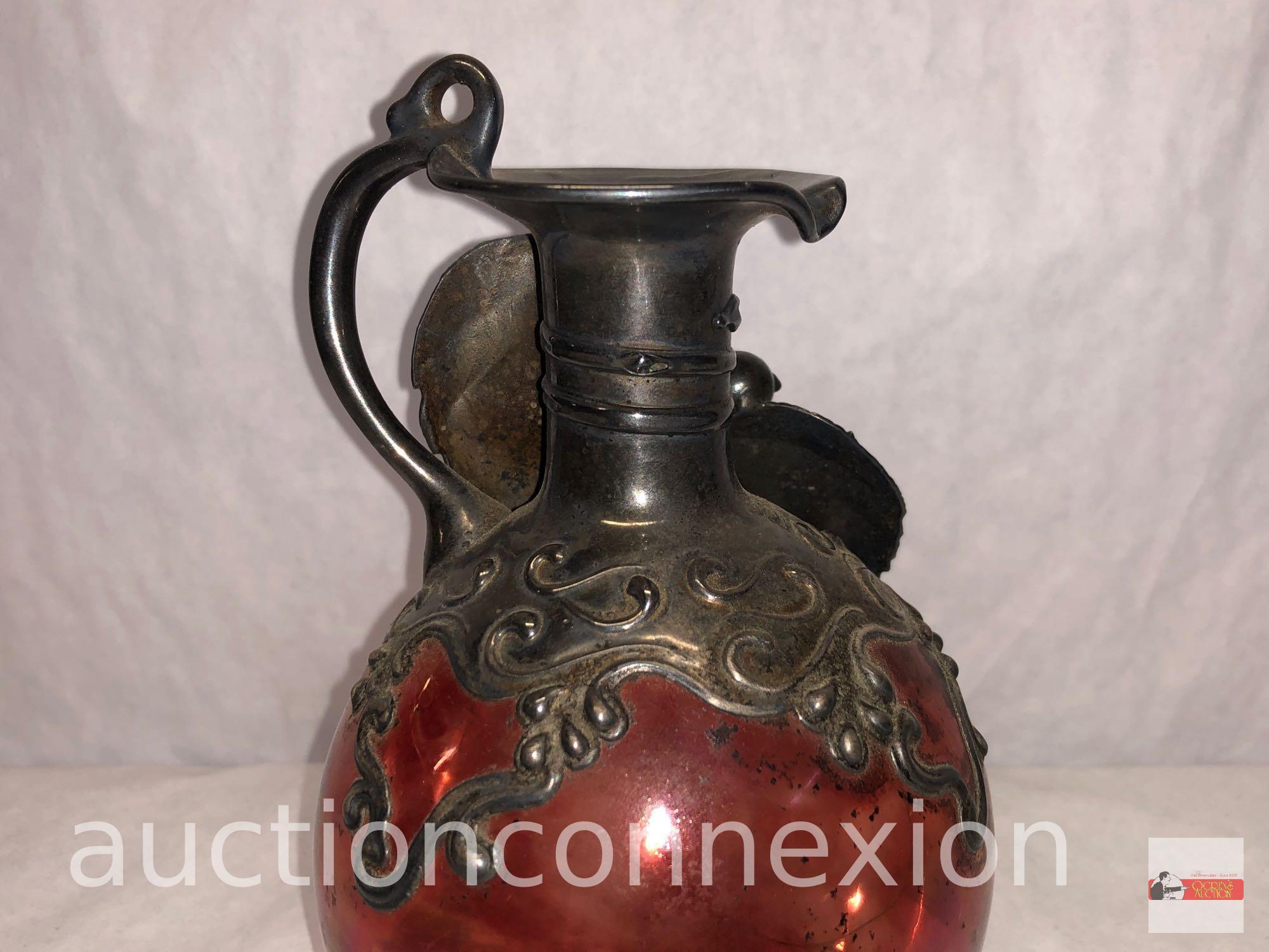 Pitcher - Hand blown glass pitcher with metal decor top