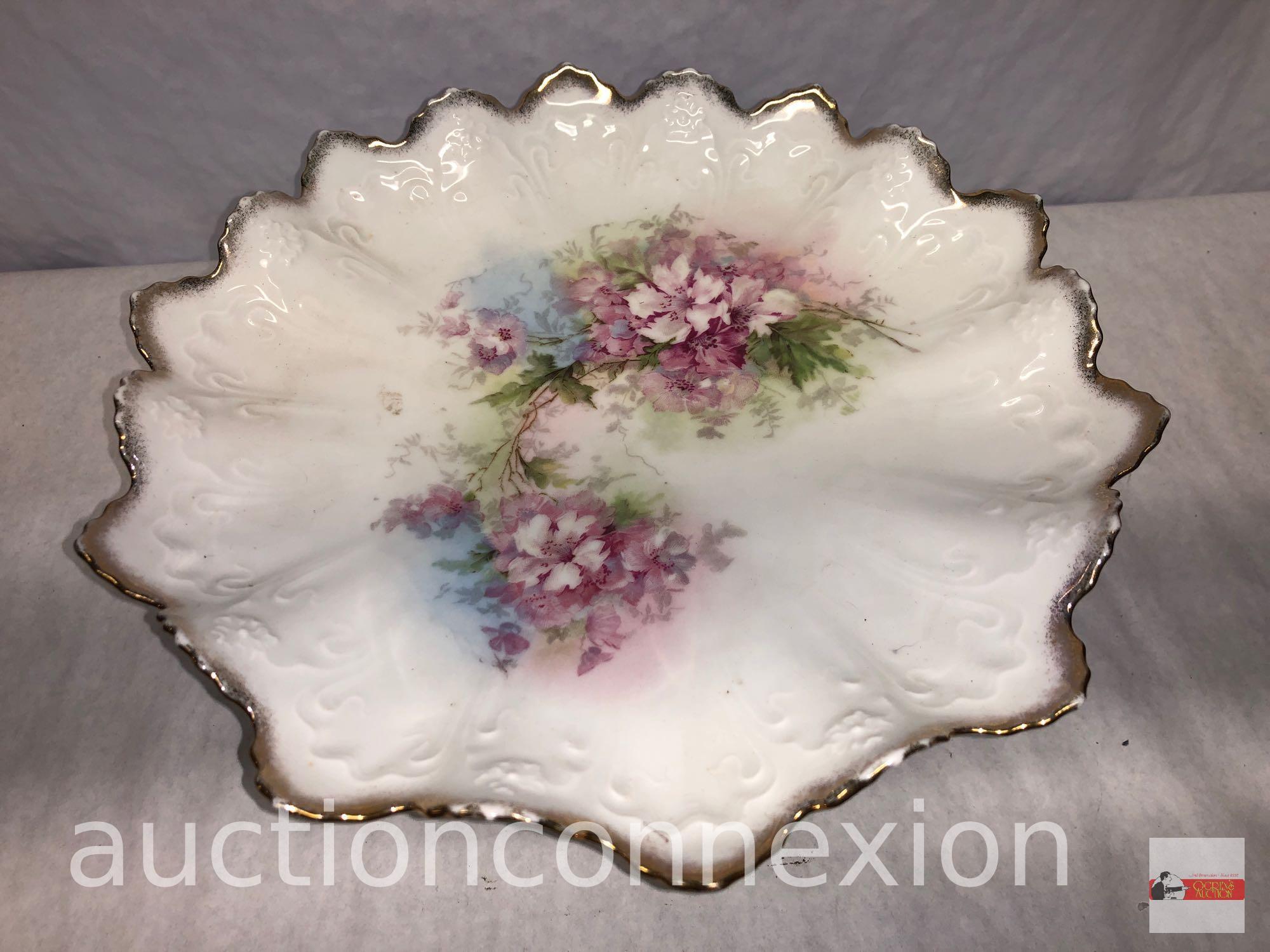 Ornate Austria porcelain pedestal serving dish, ruffled rim, floral motif