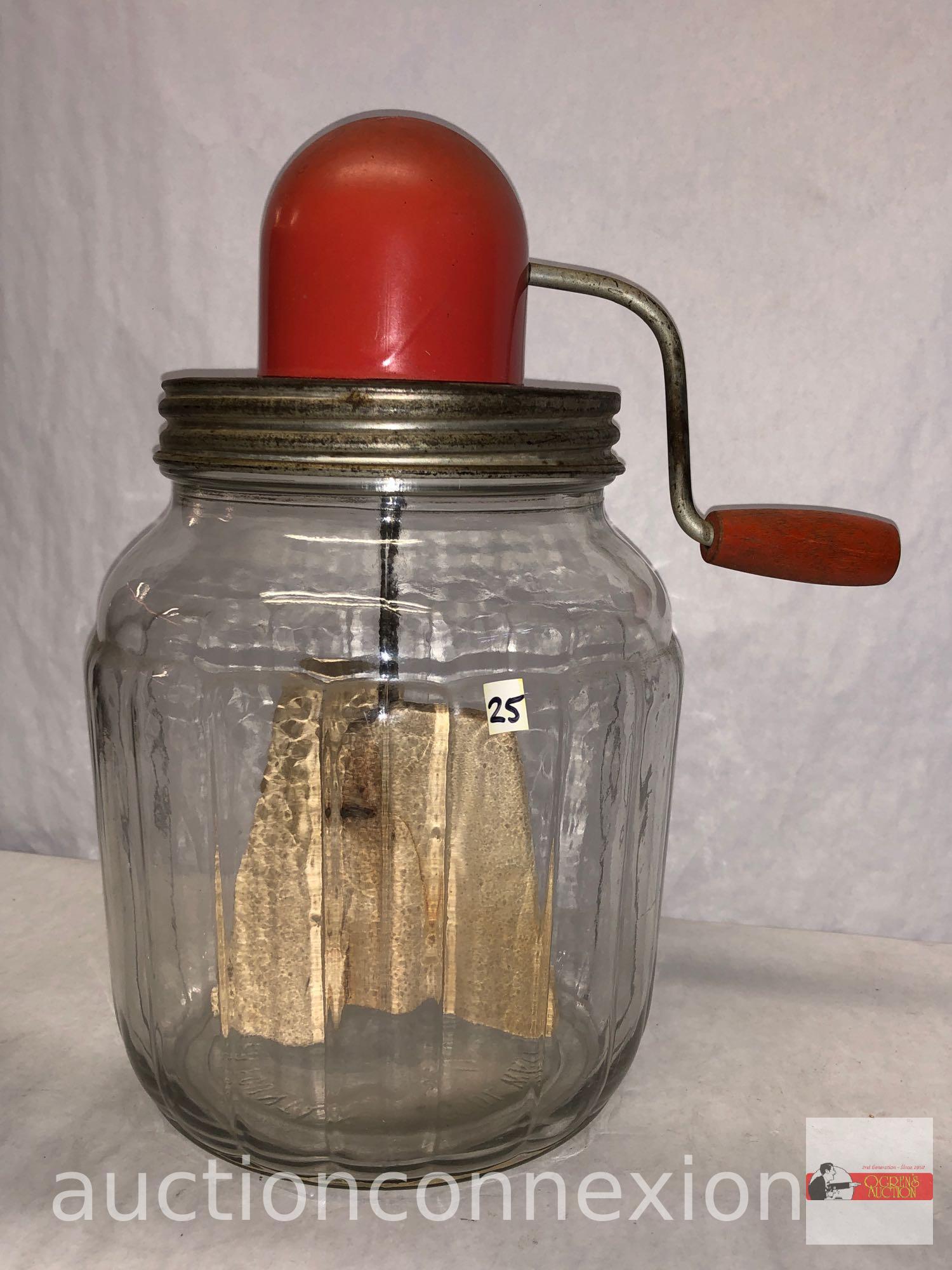 Vintage paddle churn, glass jar with red accent, butter, mayo, 1940's