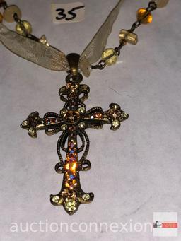 Religious - Rosary, necklace, clear & amber color beads and cross