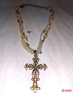 Religious - Rosary, necklace, clear & amber color beads and cross