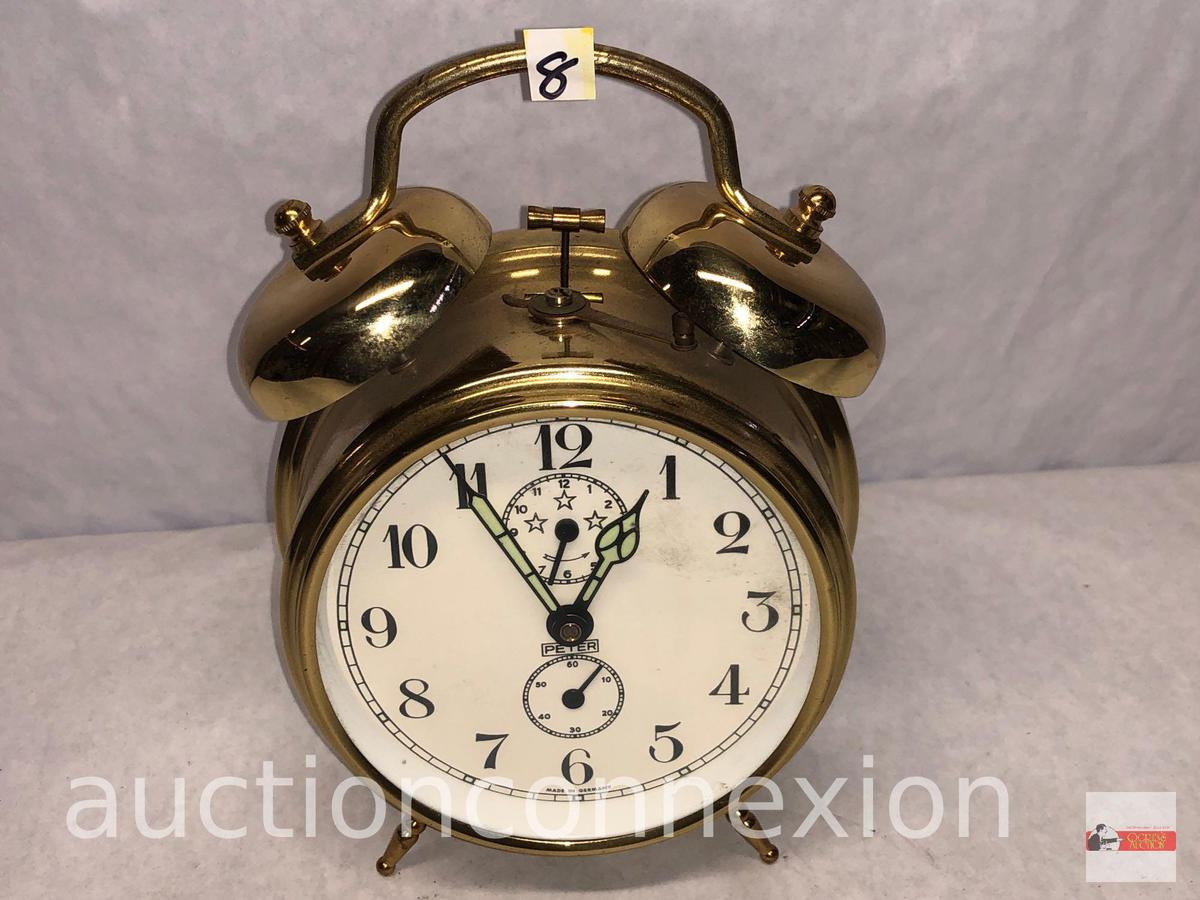 Clock - "Peter" Brass alarm clock, Germany, illuminating hands