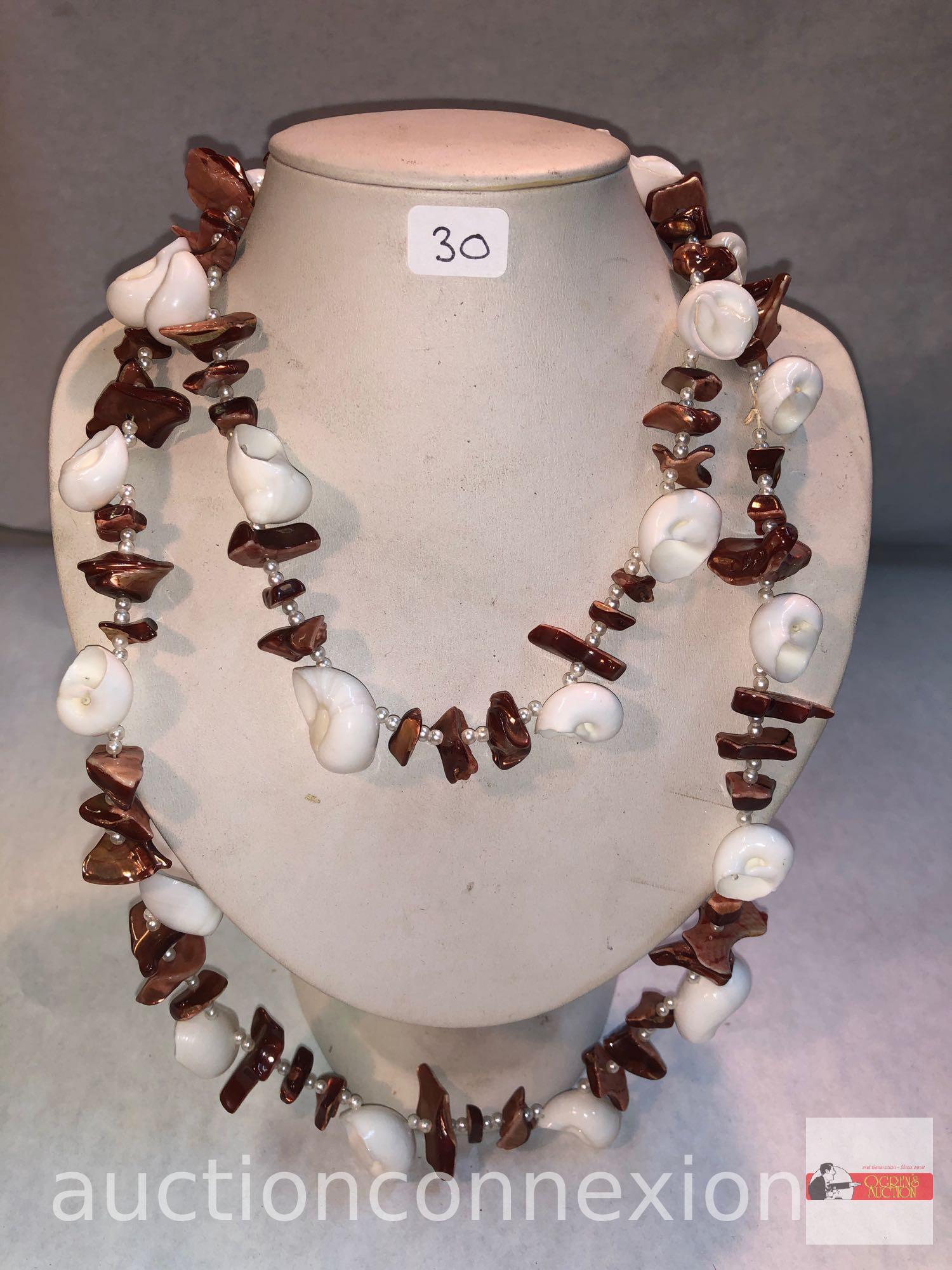 Jewelry - Necklace, lg. Long shell, semi precious stone, simulated pearls