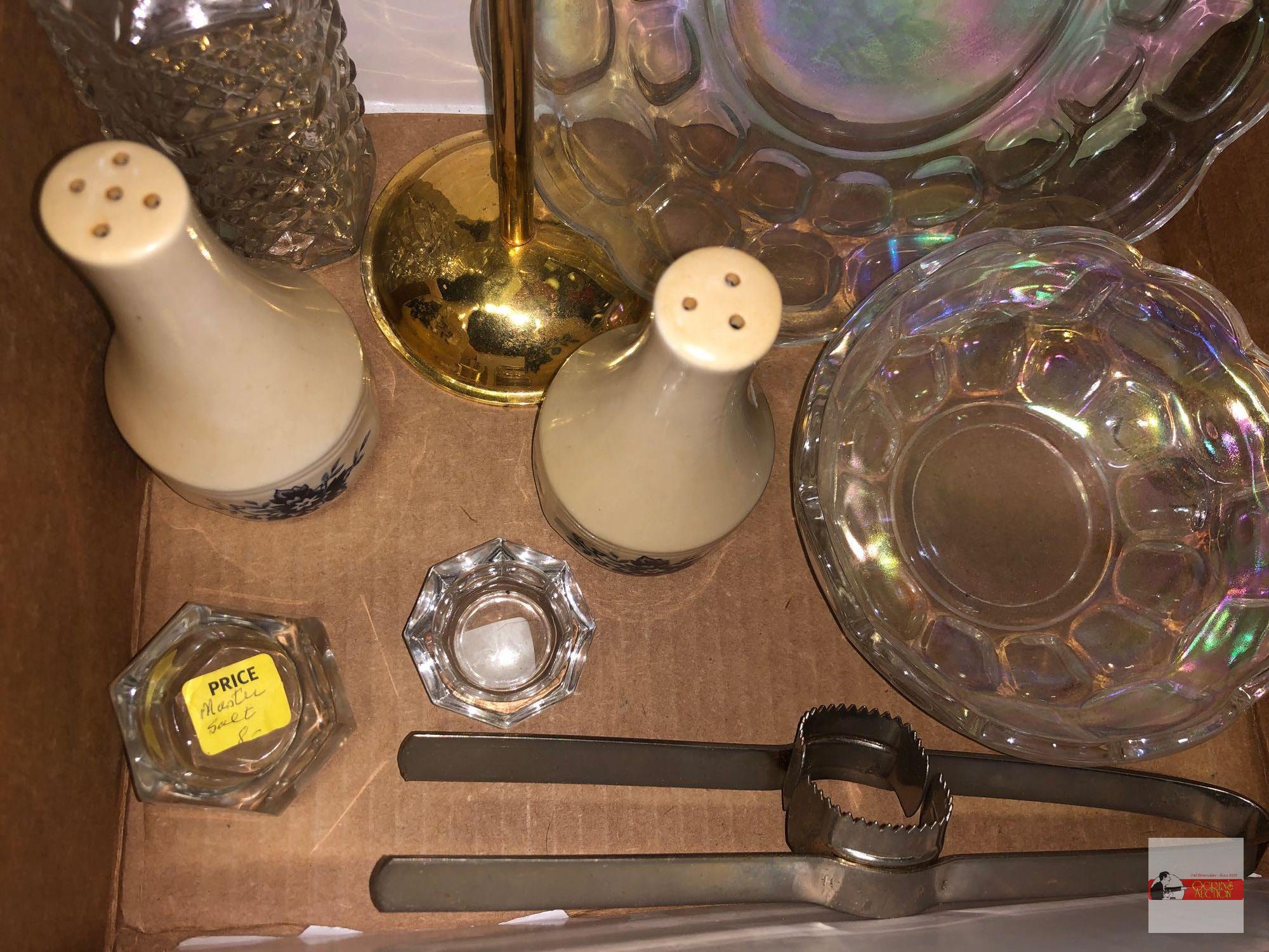 Glassware - Iridescent plate and bowl, cruet, salt/pepper shakers, 2 salt dip bowls, corn cob cutter