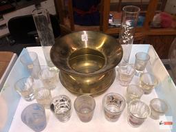 Brass Spittoon 5"hx7"w, 2 cylinder vases 8"h and 14 misc. shot glasses