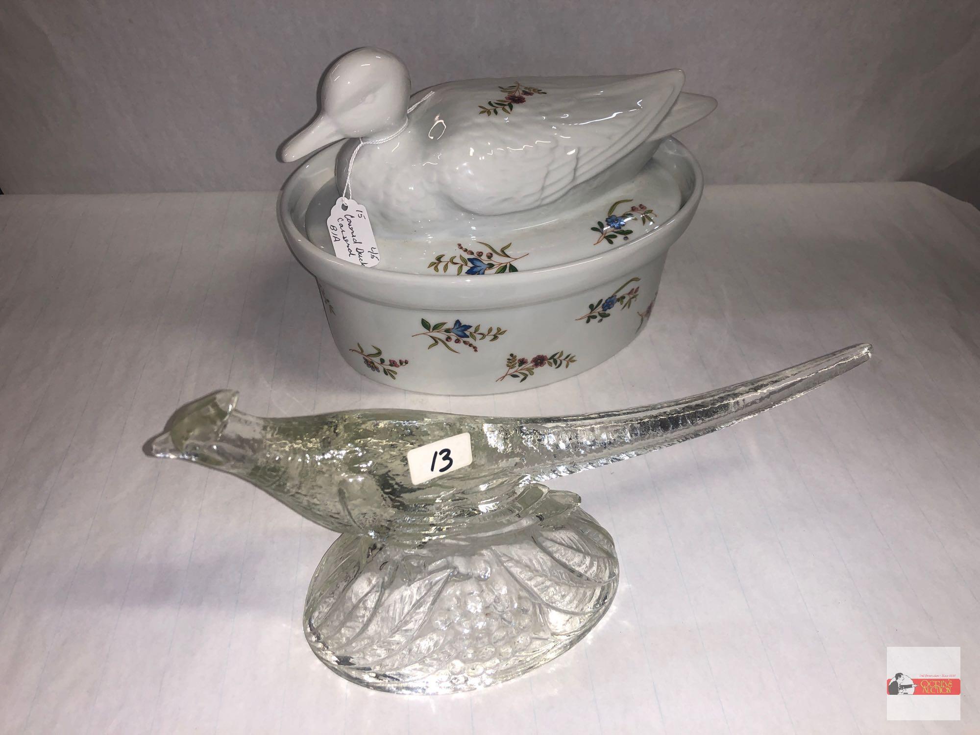 Glassware - 2 - BIA covered duck casserole 10"wx7"h and glass pheasant 11"wx6"h