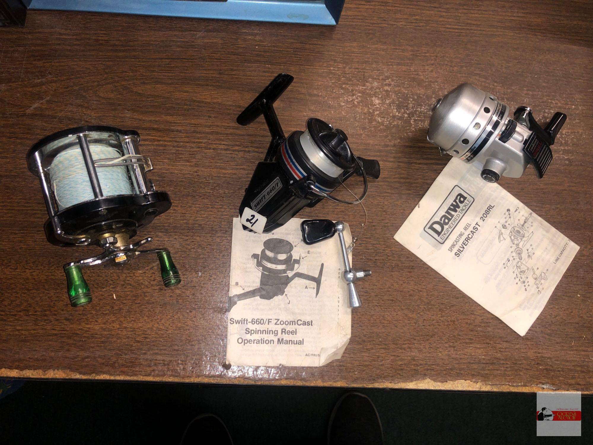 Fishing - 3 Reels - Daiwa spincasting Reel Silvercast 208RL, Swift 660F Zoom Cast reel, Ocean City