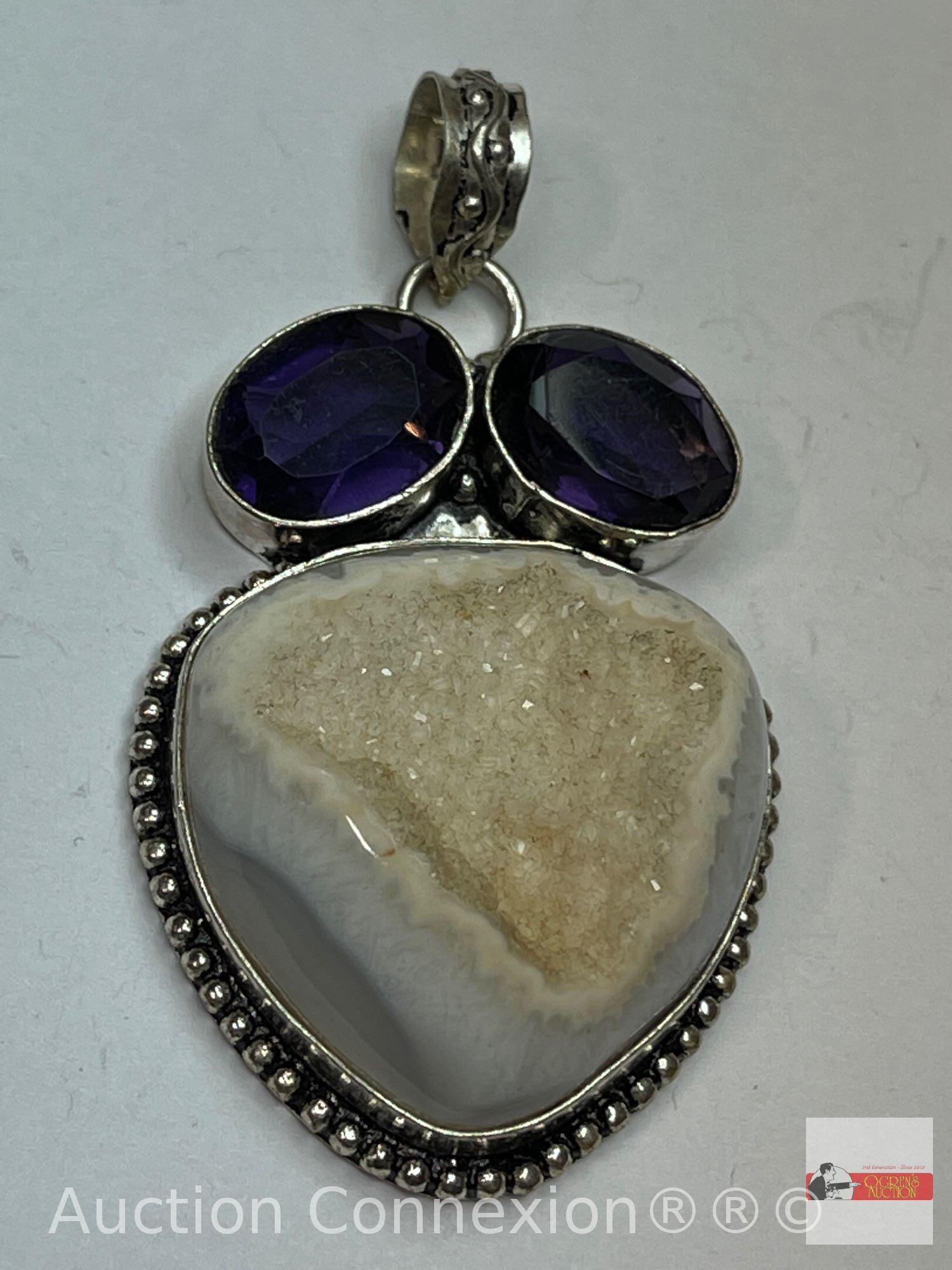 Jewelry - Lg. sterling Pendant .925, 2"hx1.5"w, e cut stone with 2 oval amethyst stones lg. geod