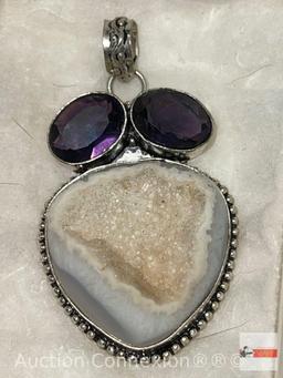 Jewelry - Lg. sterling Pendant .925, 2"hx1.5"w, e cut stone with 2 oval amethyst stones lg. geod