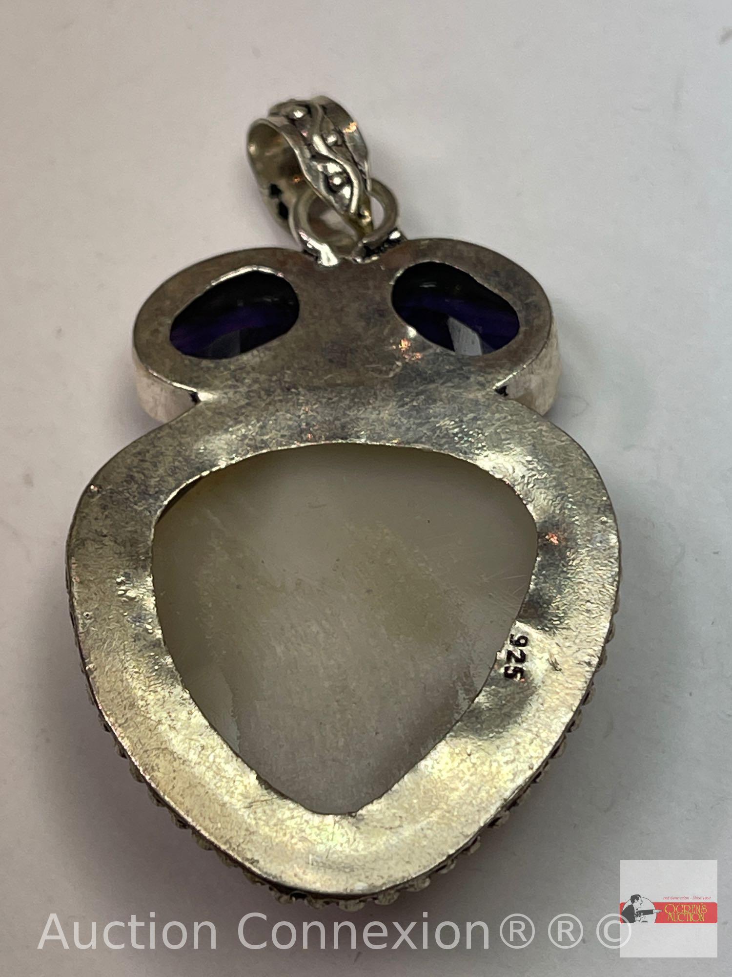 Jewelry - Lg. sterling Pendant .925, 2"hx1.5"w, e cut stone with 2 oval amethyst stones lg. geod