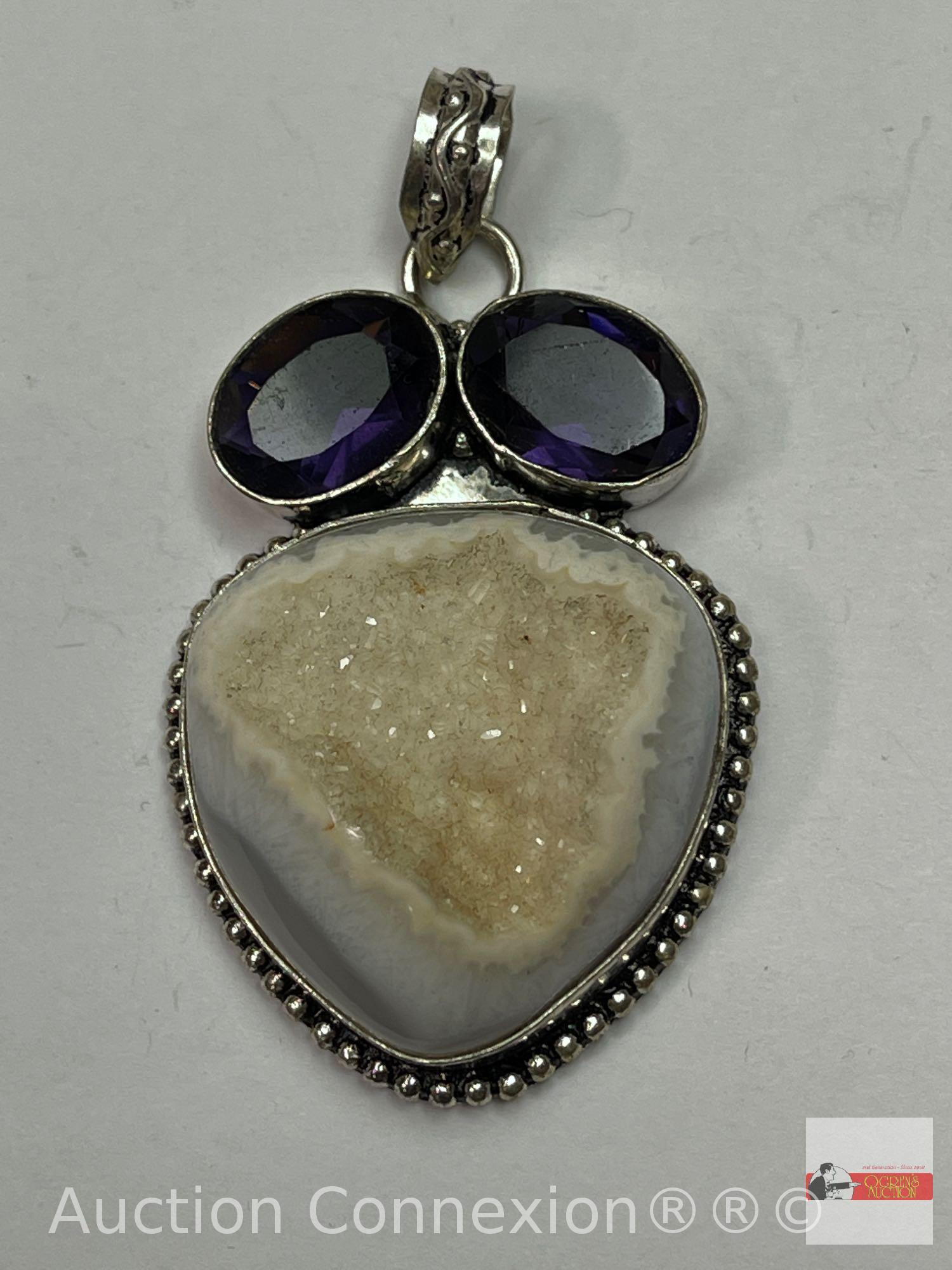 Jewelry - Lg. sterling Pendant .925, 2"hx1.5"w, e cut stone with 2 oval amethyst stones lg. geod