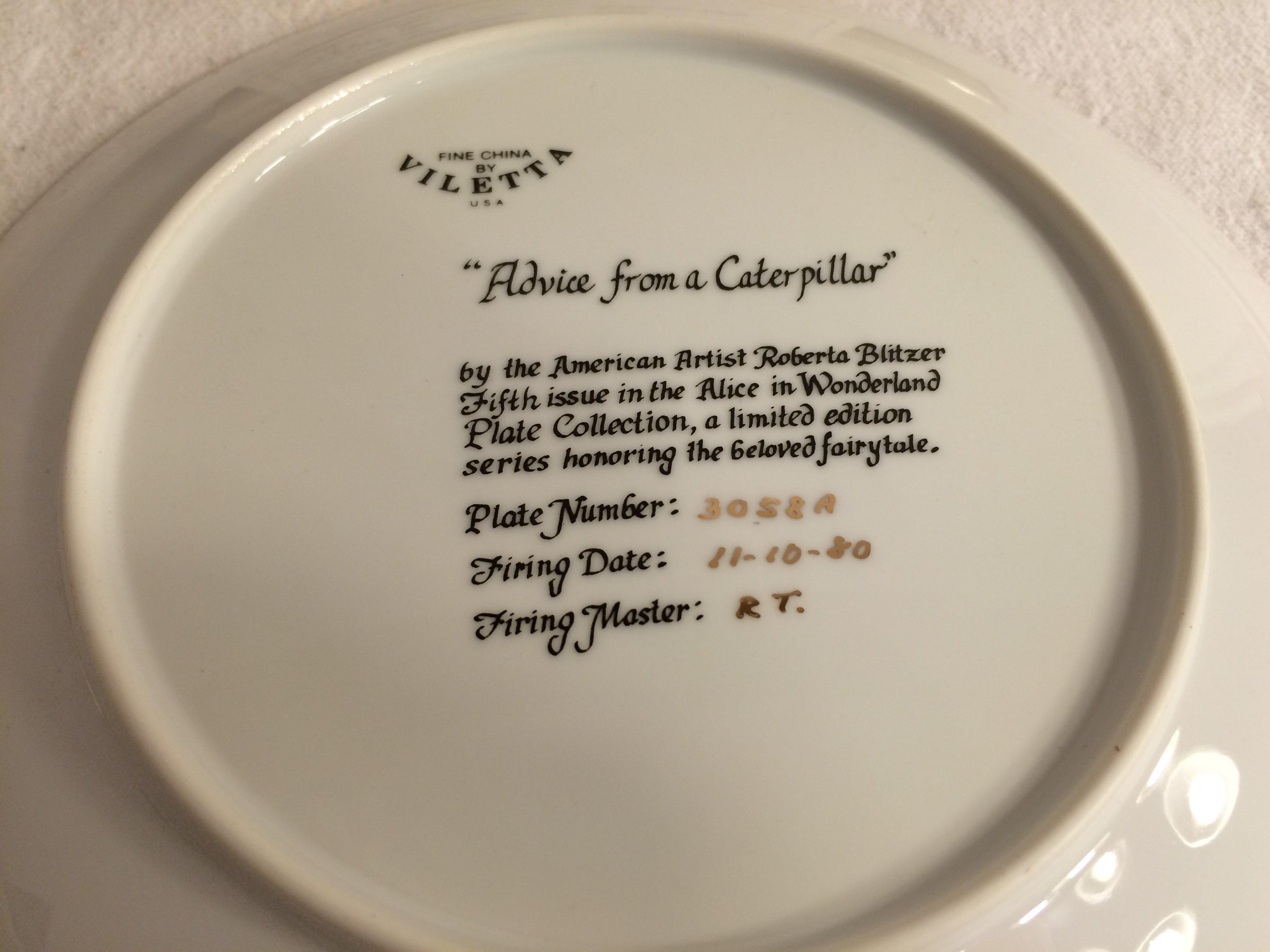 Collector Vintage Porcelain Plate "Advice From The Caterpillar" No.3058A Size:8.5" Round W/COA