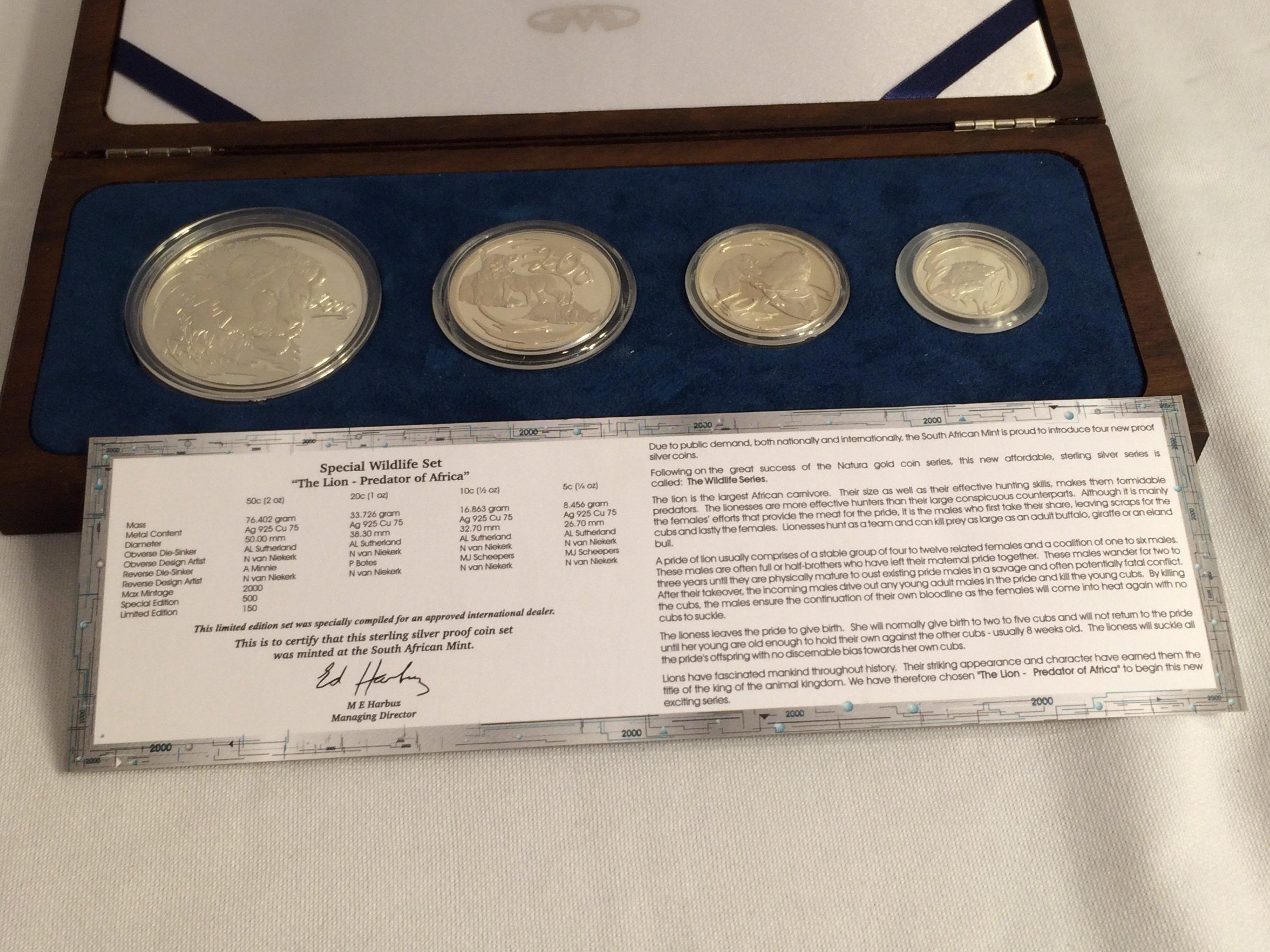 Collector 2000 Silver Special Wildlife Set The Lion Predator Of Africa Four Coin Proof Set W/COA 100