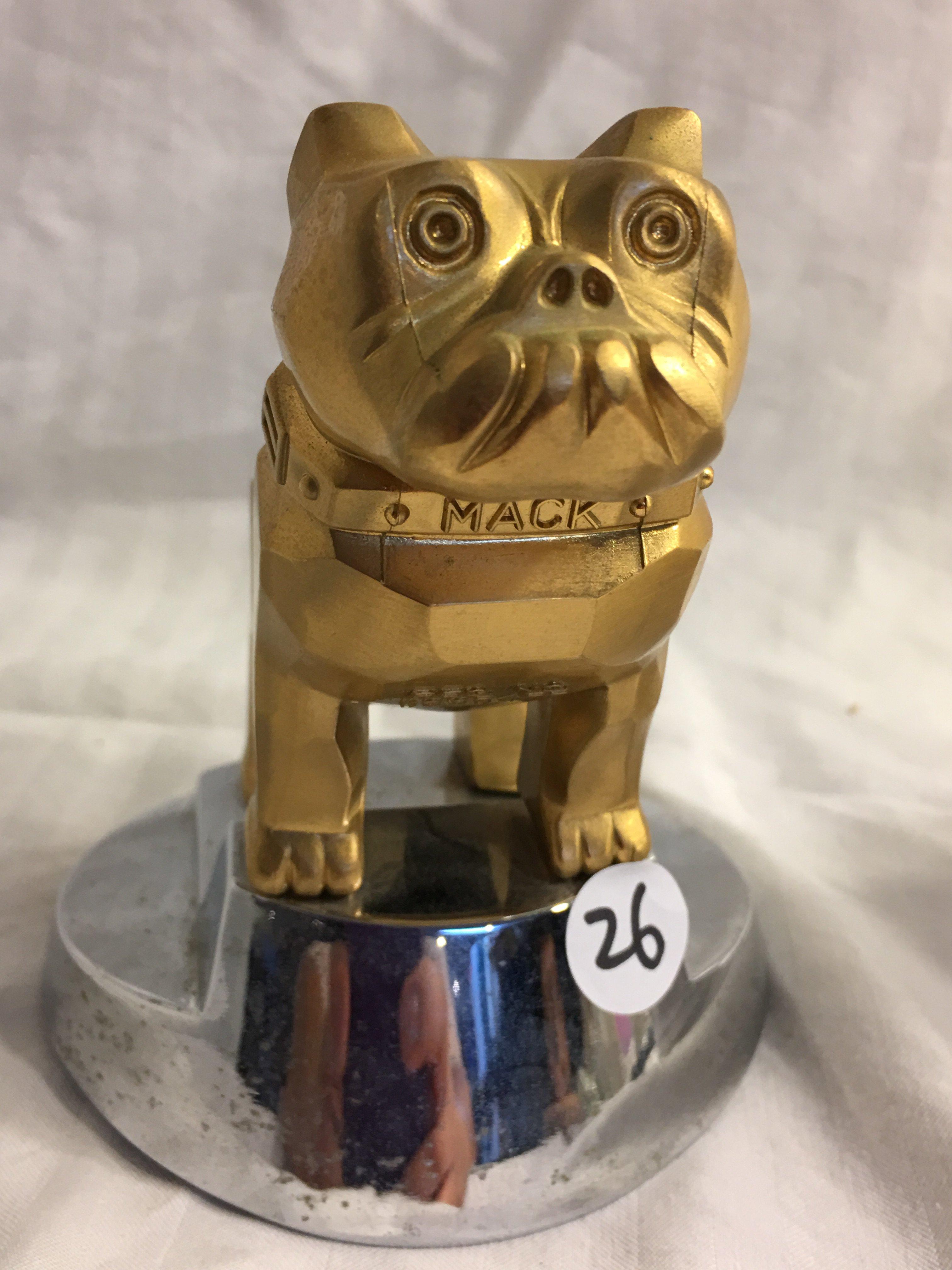 Collector Vintage Mack Truck Bulldog Gold Tone Hood Ornament 14MF45 RE. NO. 1,387,477 Size:5"tall