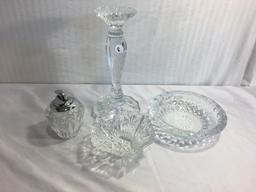 Lot of 4 Pcs. Assorted Crystal Glass  Heavy Duty Candle Holder, Lighter, Ashtray, Candy Dish