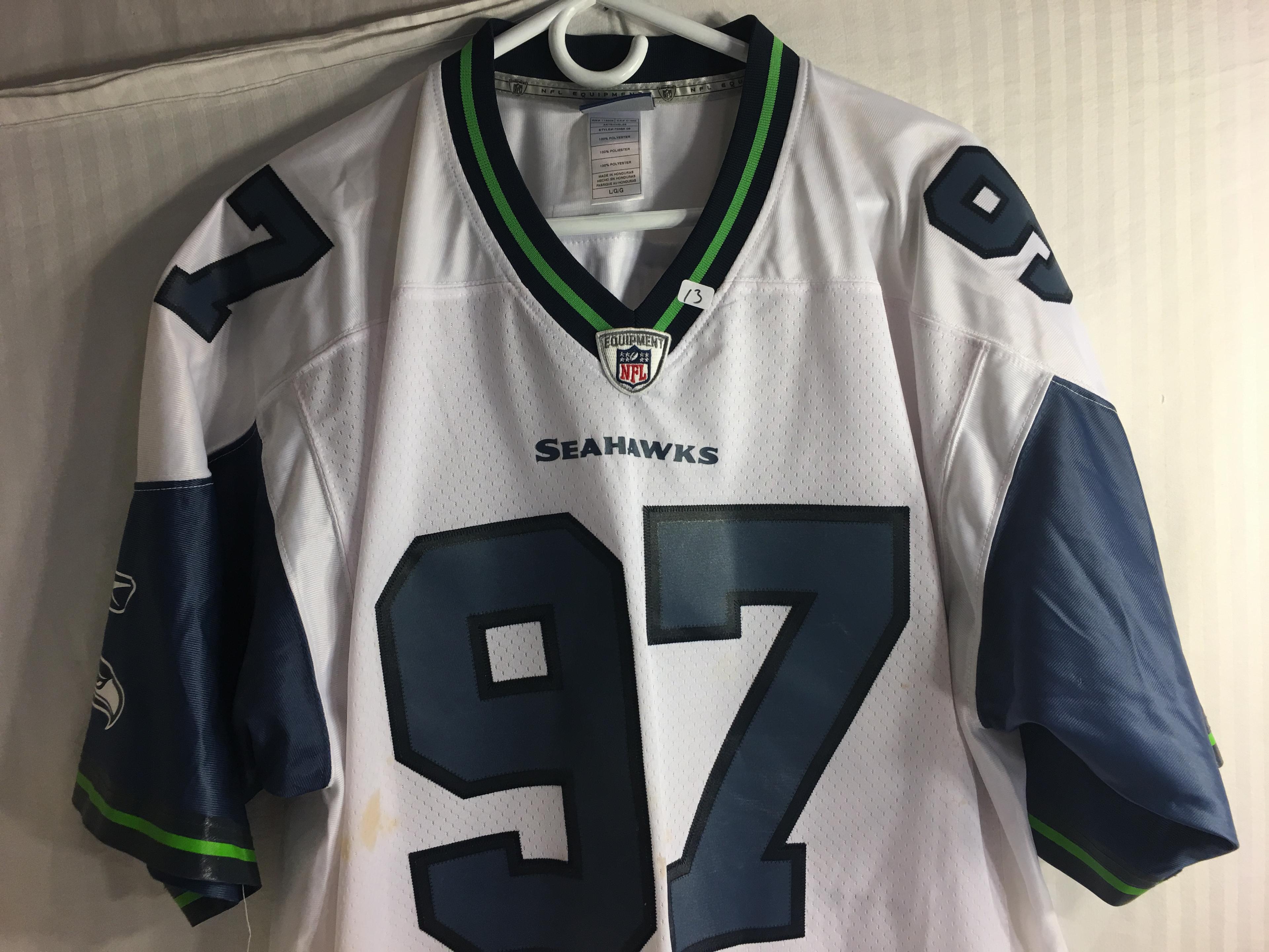 Collector Used NFL Equipment OnField Reebok Large Seahawks #97 Kerney  Jersey White-Multi