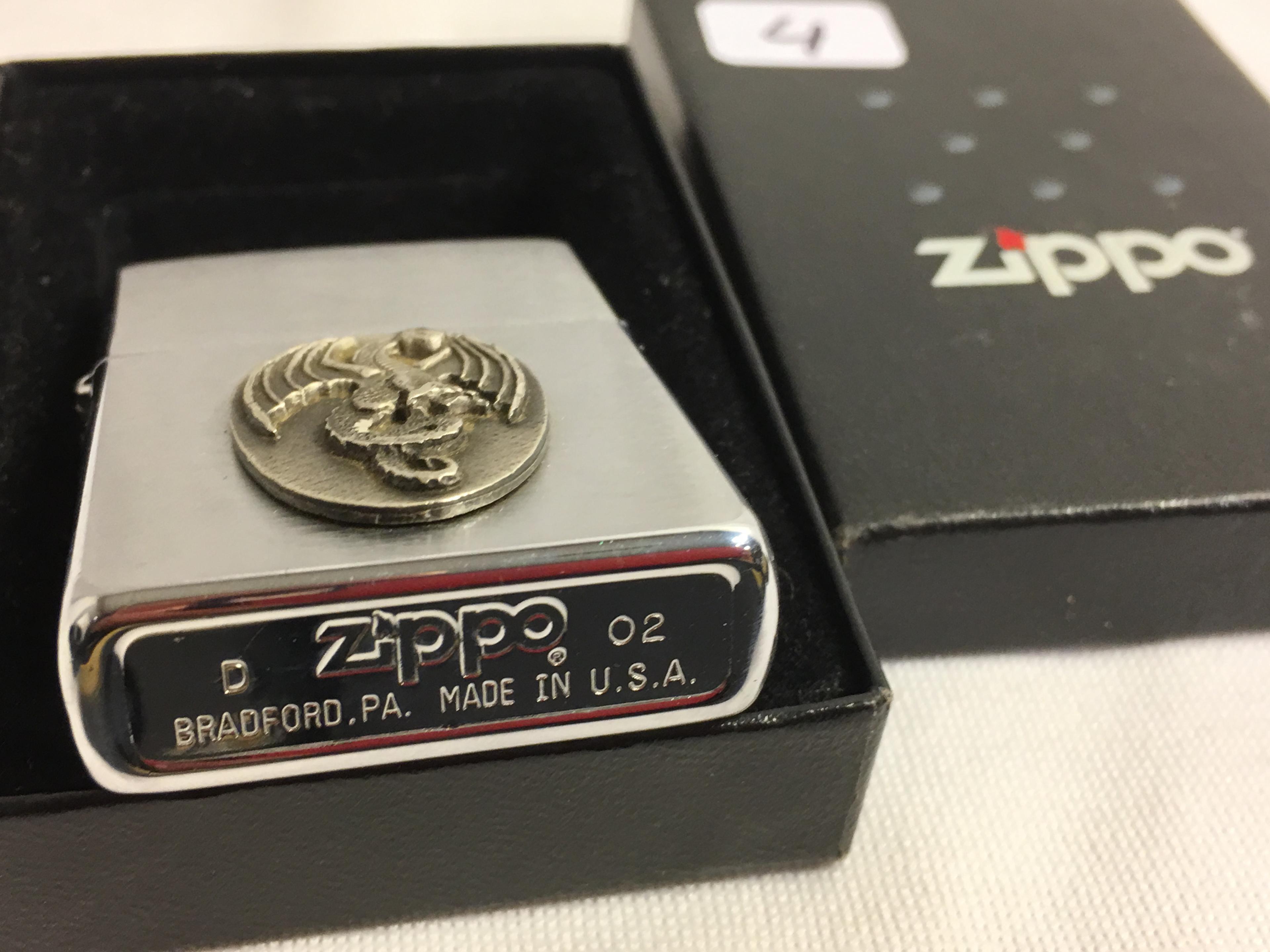 Collector D Zippo 02 Bradford Made in USA  Dragon Design Stainless Steel Pocket Lighter 2.1/4"tall