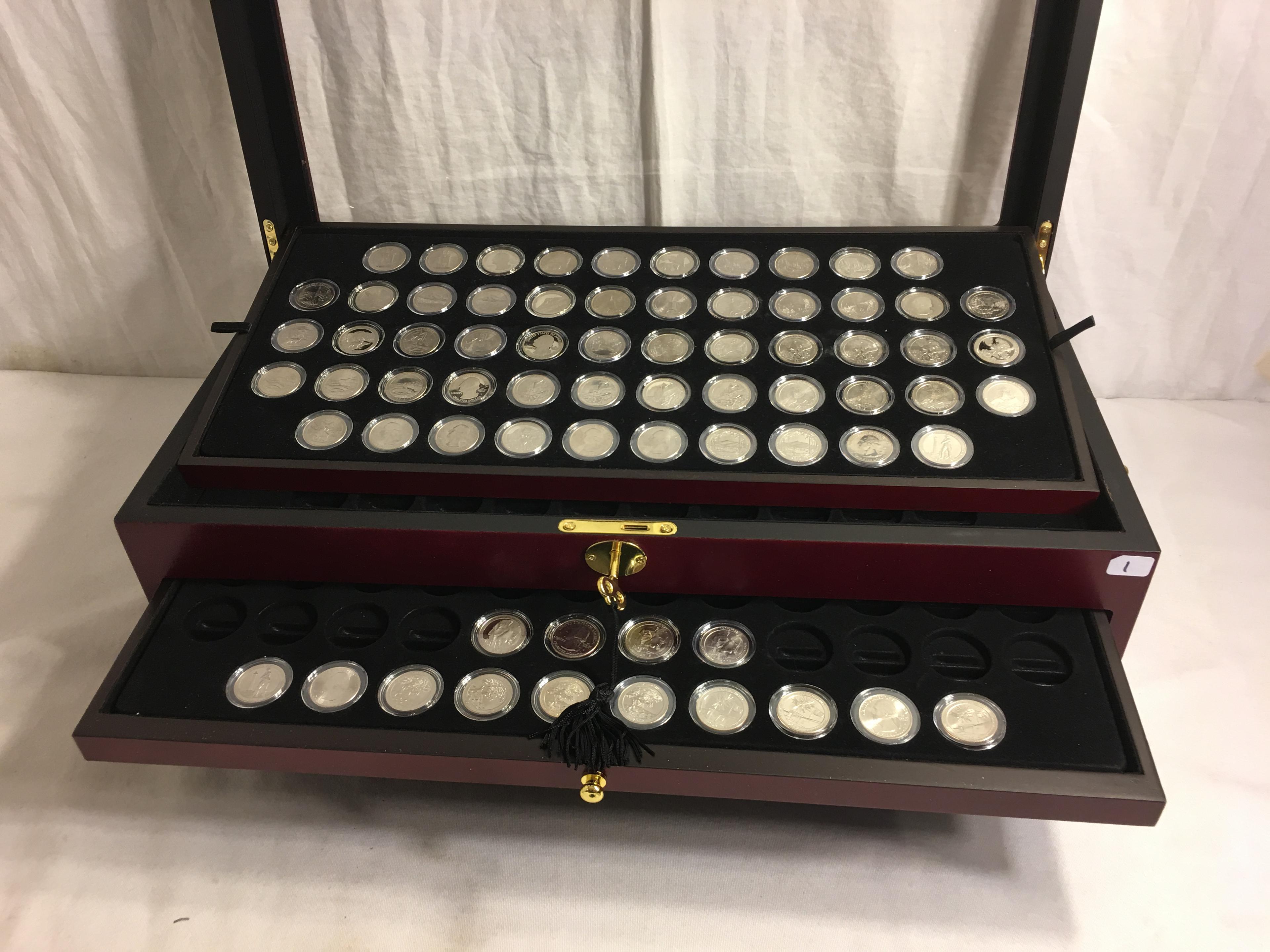 Collector Set of 70 Pieces State Quarters In Pretty Cherry Wood Color Lift-Up & 4 Drawers