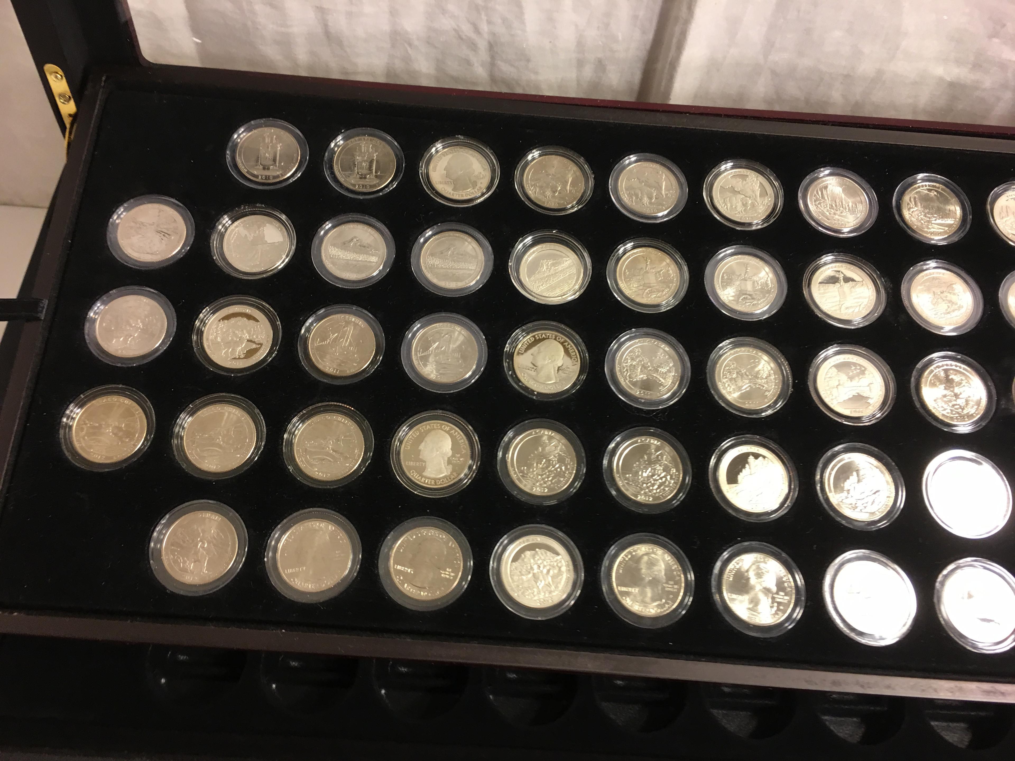 Collector Set of 70 Pieces State Quarters In Pretty Cherry Wood Color Lift-Up & 4 Drawers