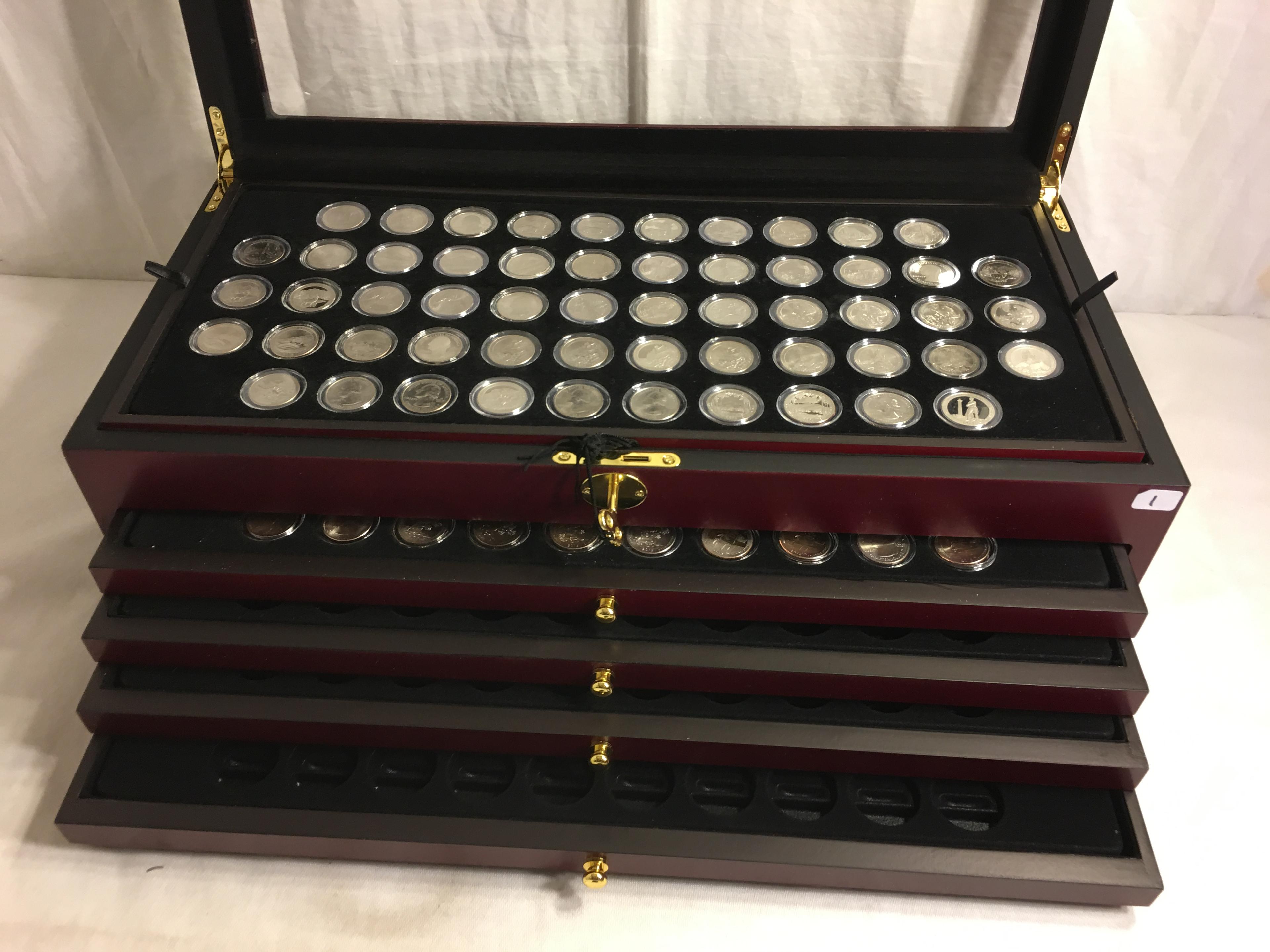 Collector Set of 70 Pieces State Quarters In Pretty Cherry Wood Color Lift-Up & 4 Drawers