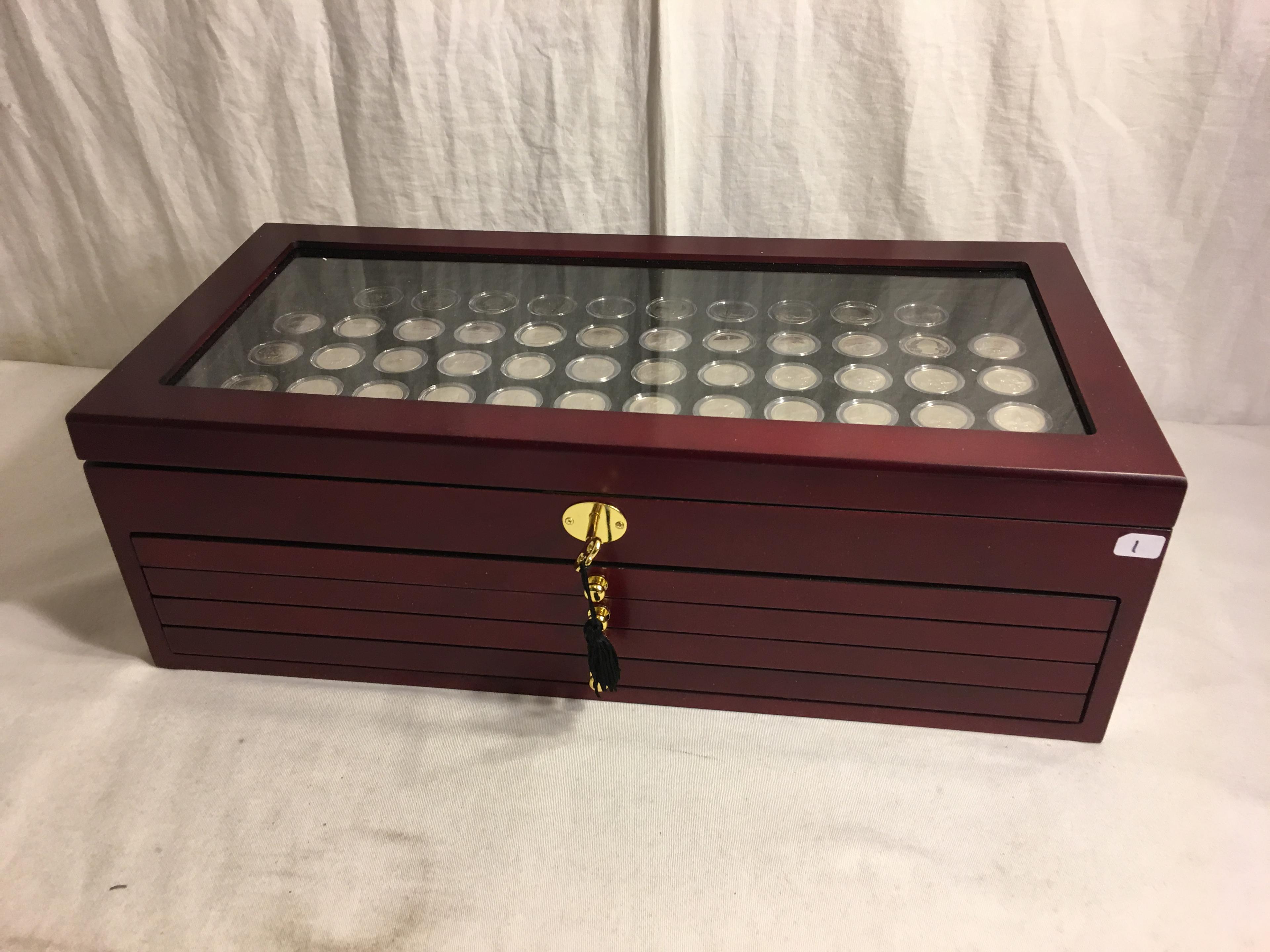 Collector Set of 70 Pieces State Quarters In Pretty Cherry Wood Color Lift-Up & 4 Drawers