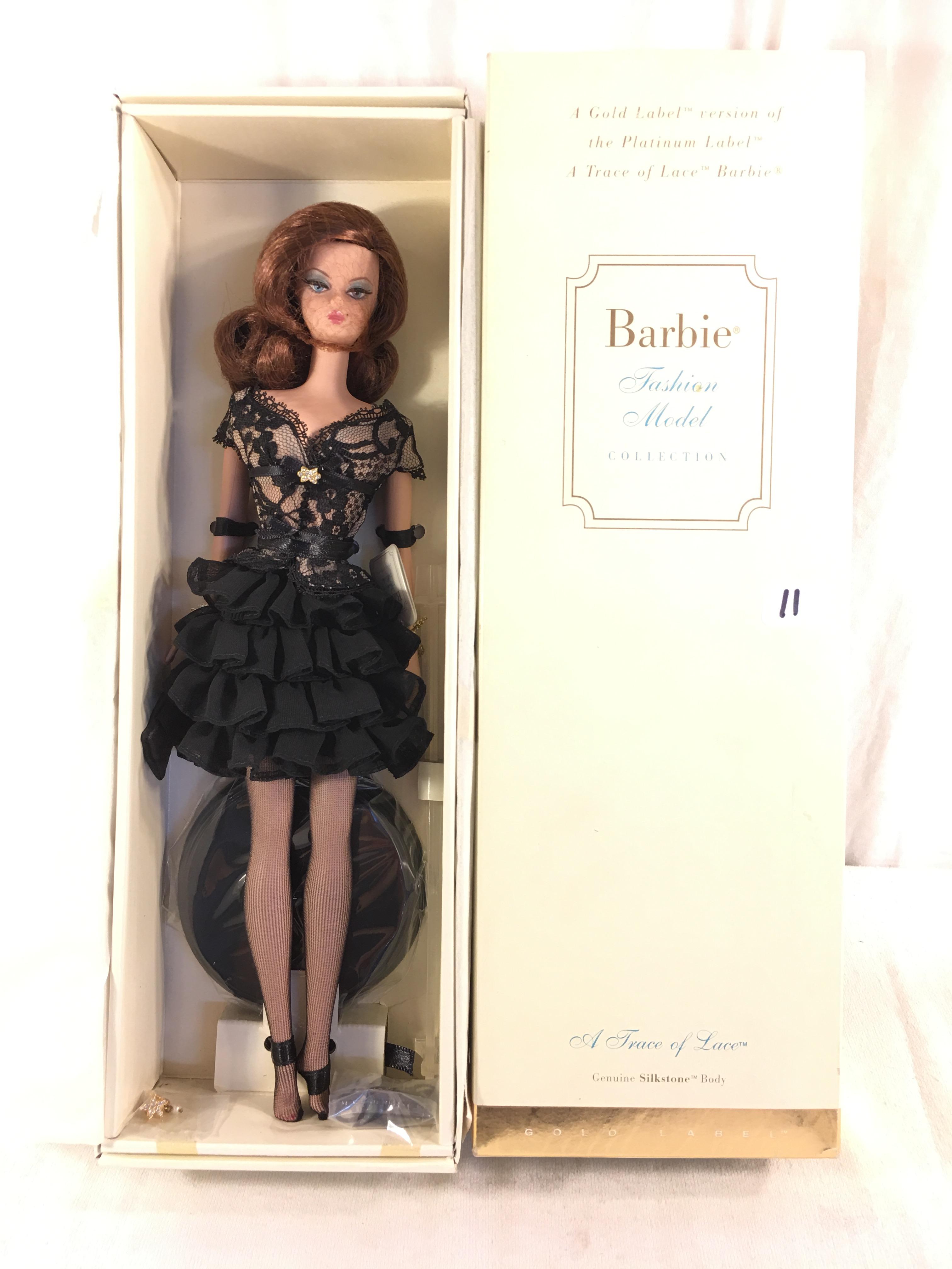 NIB Collector Genuine Silkstone Body Gold Label "A Trace of Lace" Fashion Model Barbie Doll Box: 13.