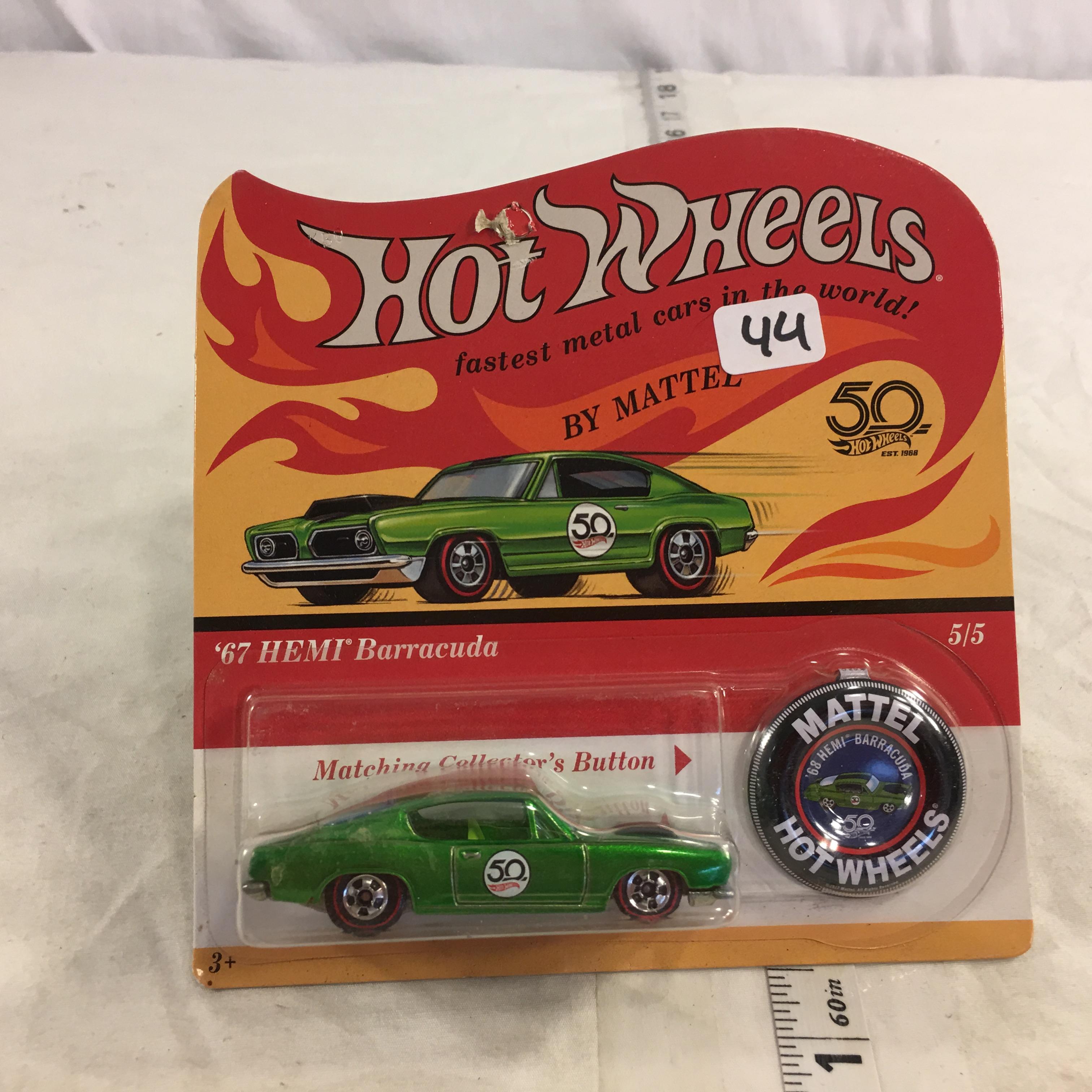 NIP Collector Hot wheels By Mattel '67 HEMI Barracuda 5/5 Redline Matching Button