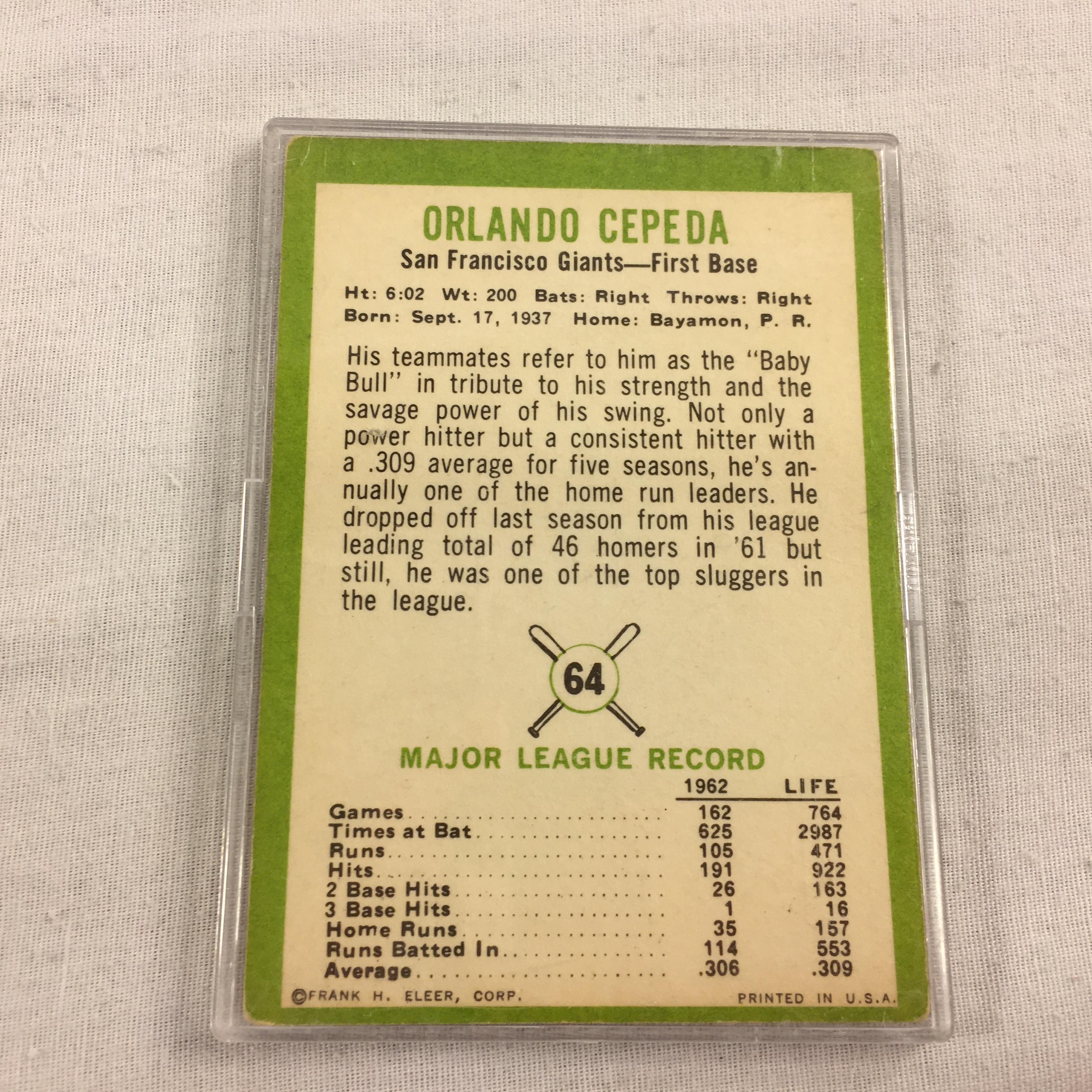 Collector Vintage 1962 Sport Baseball Card Orlando Cepeda San Francisco Ginats-1st base Card #64