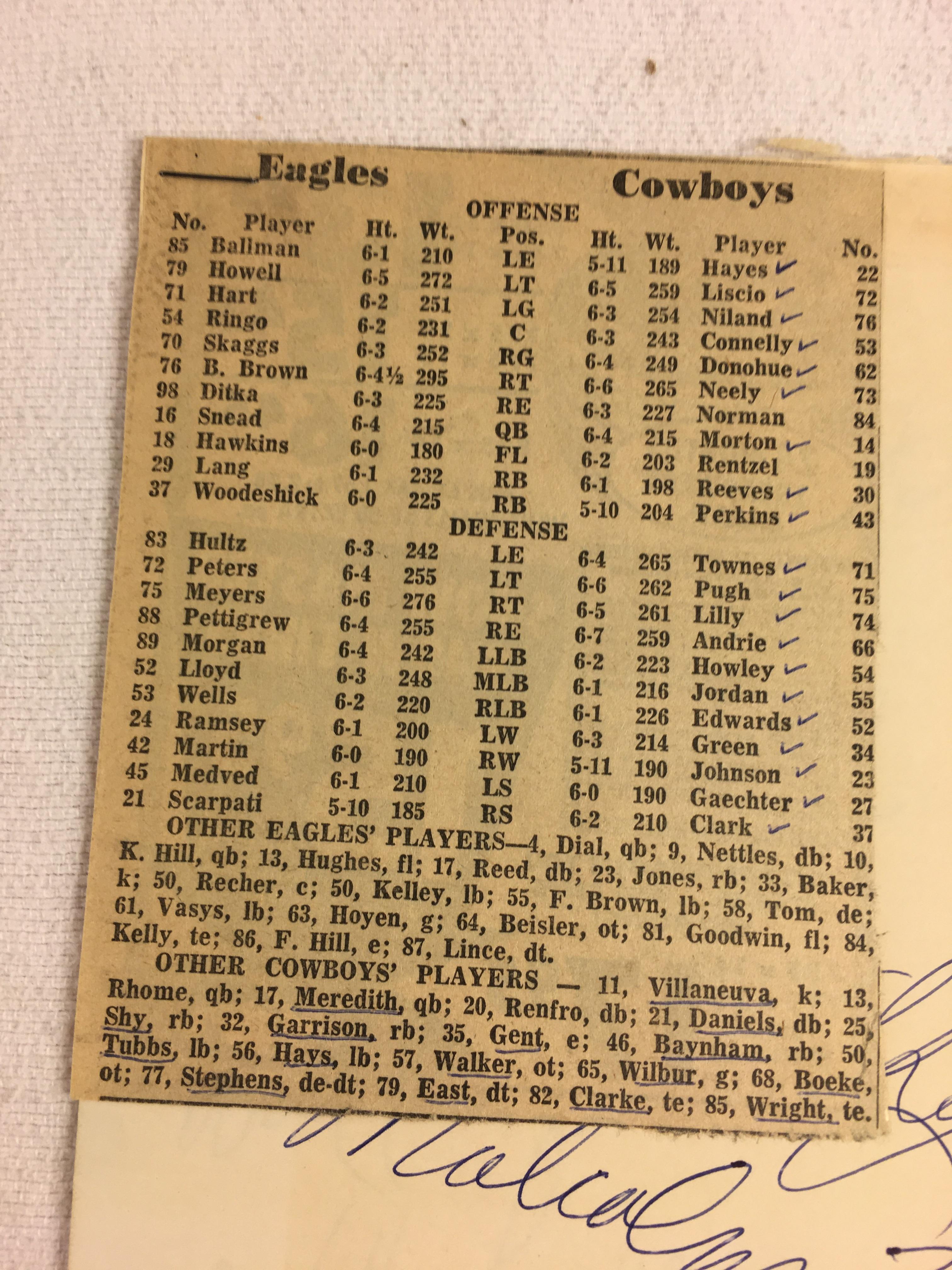 Vintage Collector Sport Papers w/ Autographs from Eagle and Cowboy Players - See Pics