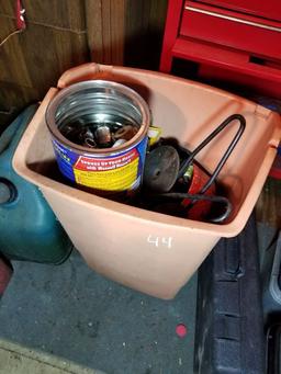 PINK BIN FULL OF SOCKET SETS, DOLLY WHEELS, AND MORE