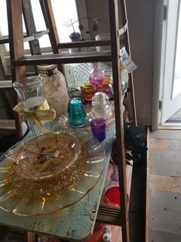 LADDER DISPLAY STAND WITH CONTENT INCLUDING GLASSWARE, VASES, CANDLE HOLDER