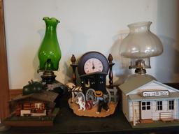 3 SHELF STAND, OIL LANTERNS, GLASS, TEAPOTS, BOOKS: INCLUDES EVERYTHING ON