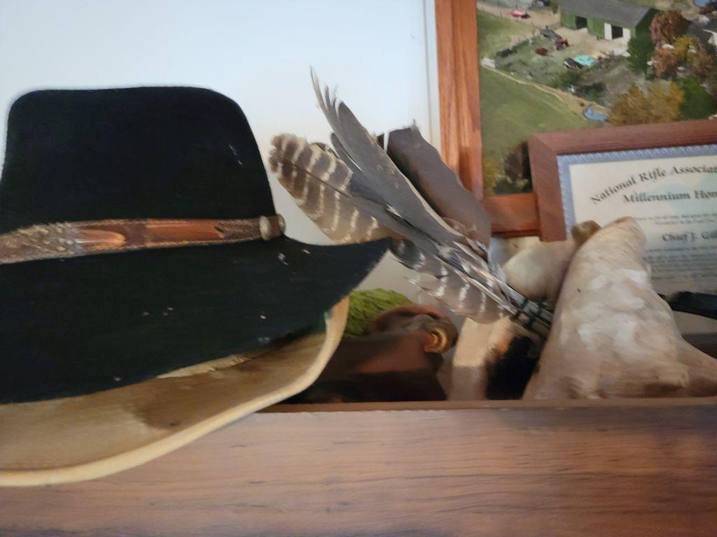 COWBOY HATS (2), INDIAN DECOR, WOODEN CLOCK:OPENS UP, MISC.