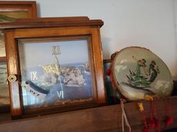 COWBOY HATS (2), INDIAN DECOR, WOODEN CLOCK:OPENS UP, MISC.