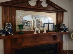 ASSORTED MANTLE DECOR AND GREEN OIL LAMPS (2)