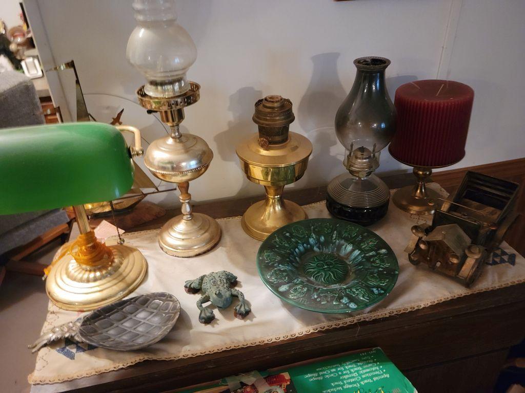 FOLD DOWN DRAWER AND CABINET WOODEN DRESSER, GLASSWARE, OIL LAMPS, : INCLUD