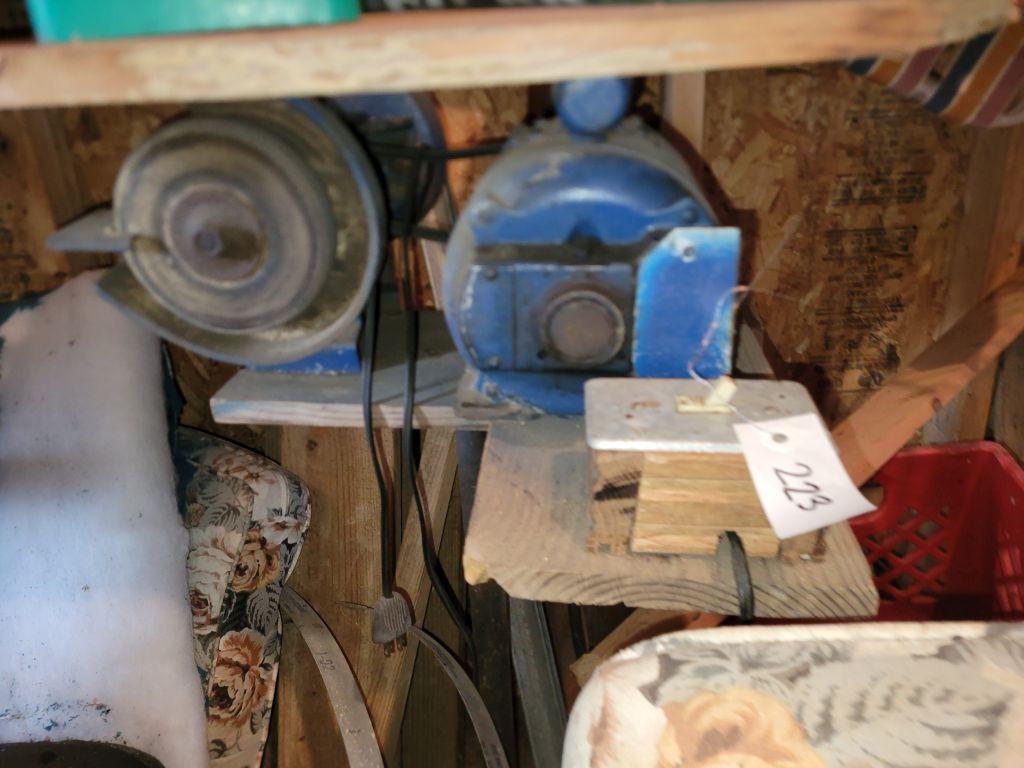 BENCH GRINDER, HAND HELD SEEDERS (2), AND MISC