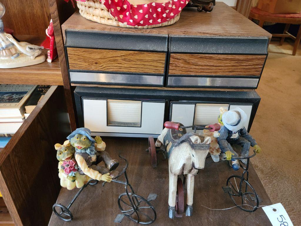 BICYCLE DECOR, VHS TAPE HOLDER BASKET WITH STUFFED DOGS AND CROSS