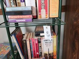 GREEN METAL SHELF WITH BOOKS, DVDS, PUZZLES AND METAL BOX