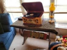 TABLE WITH NEW YORK PARIS SPIRIT OF ST LEWIS RECORD PLAYER, BOOKS, RECORDS,