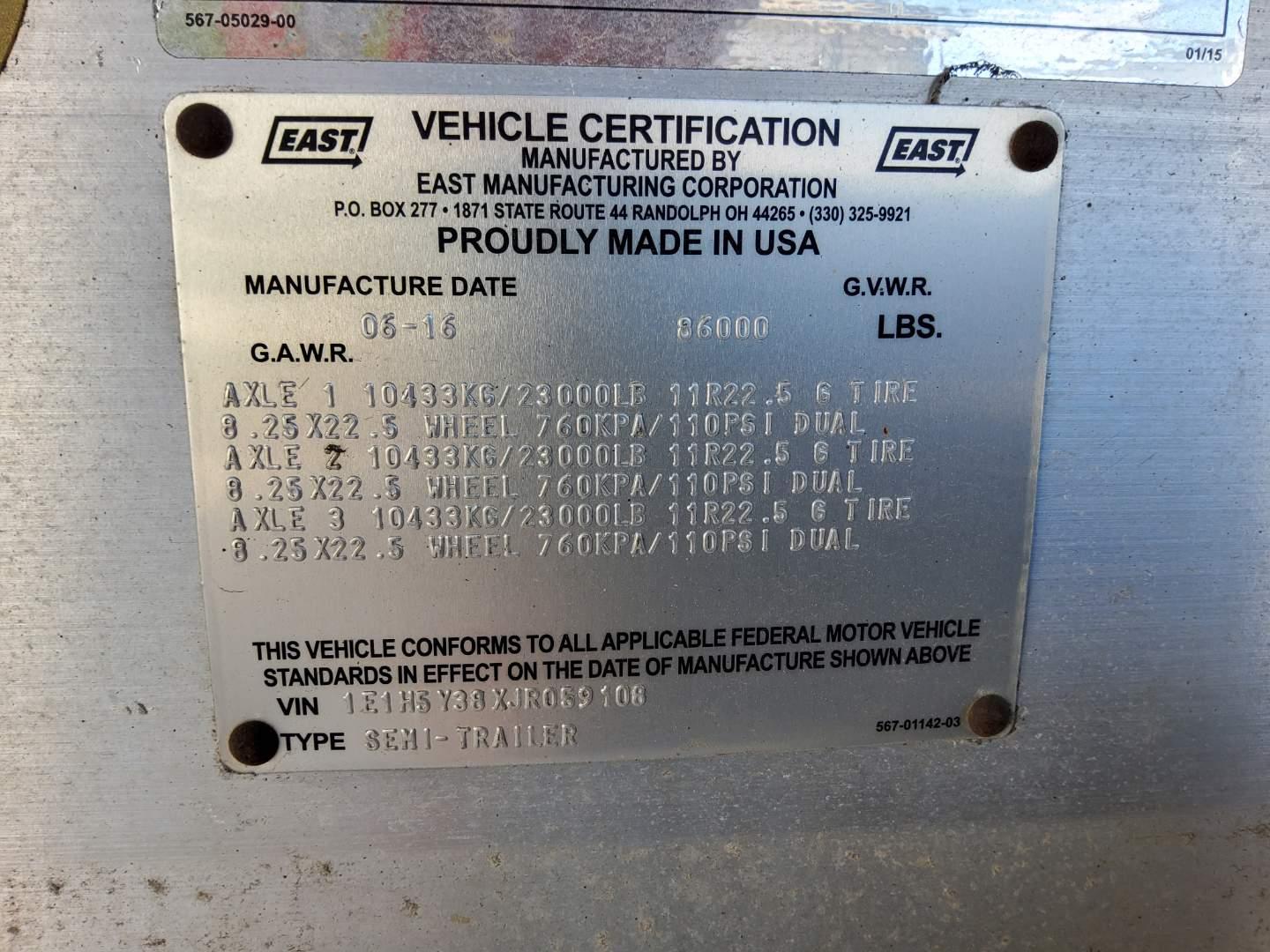 2018 EAST MANUFACTURING   FLATBED Serial Number: 1E1H5Y38XJR059108