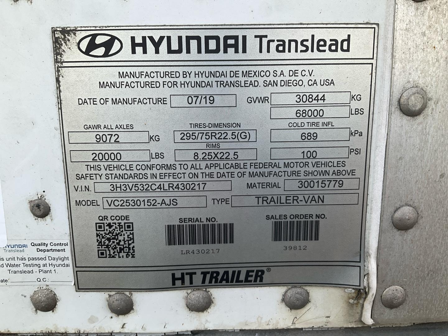 2020 HYUNDAI DRYVAN Serial Number: 3H3V532C4LR430217