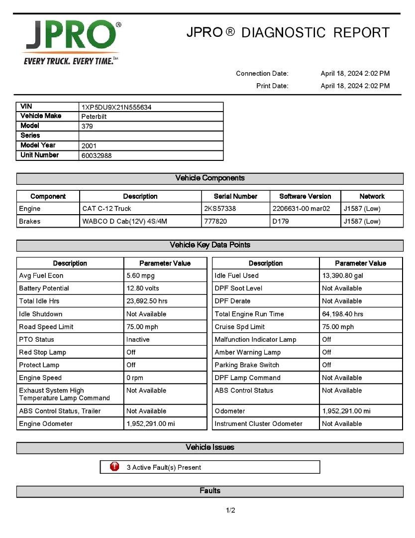 2001 PETERBILT 379 Serial Number: 1XP5DU9X21N555634