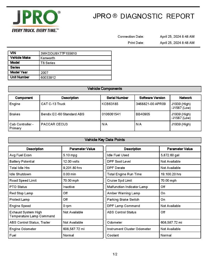 2007 KENWORTH T800-SERIES Serial Number: 3WKDDU9X77F155610