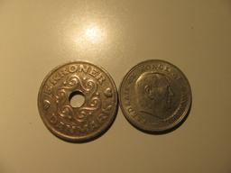 Foreign Coins:  1963 Demark 1 & 1990 5 Krones