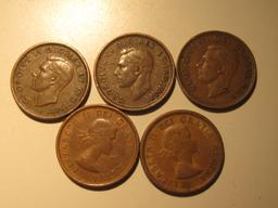 Foreign Coins:  1940, 42, 49, 56 & 64 Canada 1 Cents