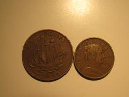 Foreign Coins: 1958 Great Britain 1/2 Penny & 1961 Mexico 5 Centavos