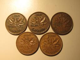 Foreign Coins:  1940, 42, 49, 56 & 64 Canada 1 Cents